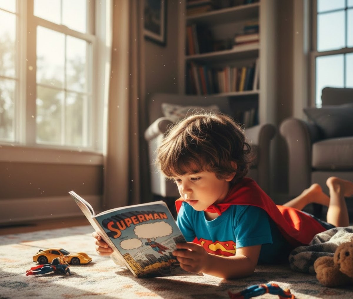 '슈퍼맨' 만화책을 보는 아이. 기사 내용을 바탕으로 AI가 생성한 자료사진.
