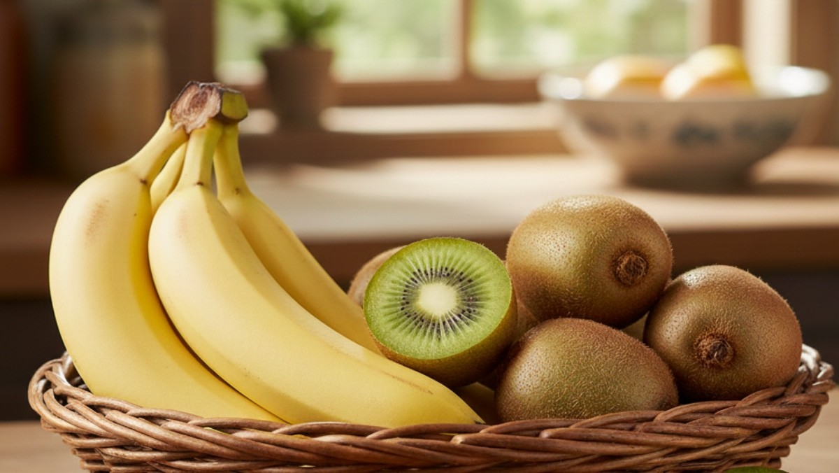 AI로 생성한 자료사진입니다.. 바나나의 에틸렌 호르몬이 키위에 영향을 줘 숙성과 부패를 촉진할 수 있다.