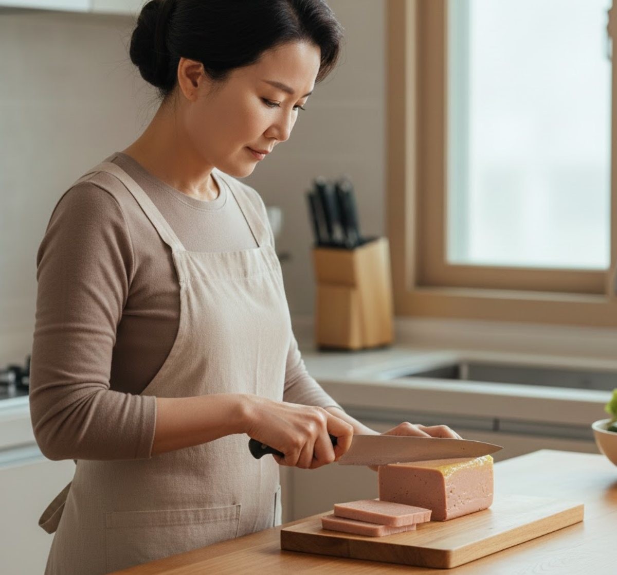 통조림 햄을 자르는 주부. AI가 생성한 자료사진.