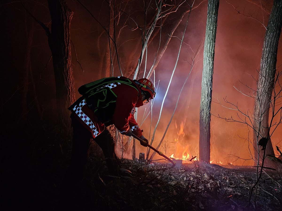 22일 강원 양양 서면 일대에서 발생한 산불 현장에서 진화대원이 야간 진화 작전을 펼치고 있다. 이번 산불은 이날 오후 6시 16분쯤 서면 서림리의 한 야산에서 시작됐다. 일몰로 헬기 투입해 불가한 가운데 당국은 장비와 인력 등 지상 자원을 총동원해 대응 중이다. / 동부지방산림청 제공
