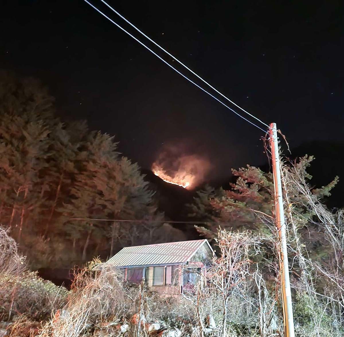 22일 오후 6시 16분쯤 강원 양양군 서면 서림리의 야산에서 불이 나 산림·소방당국이 진화 중이다. 사진은 산불 현장 모습. / 강원도소방본부 제공