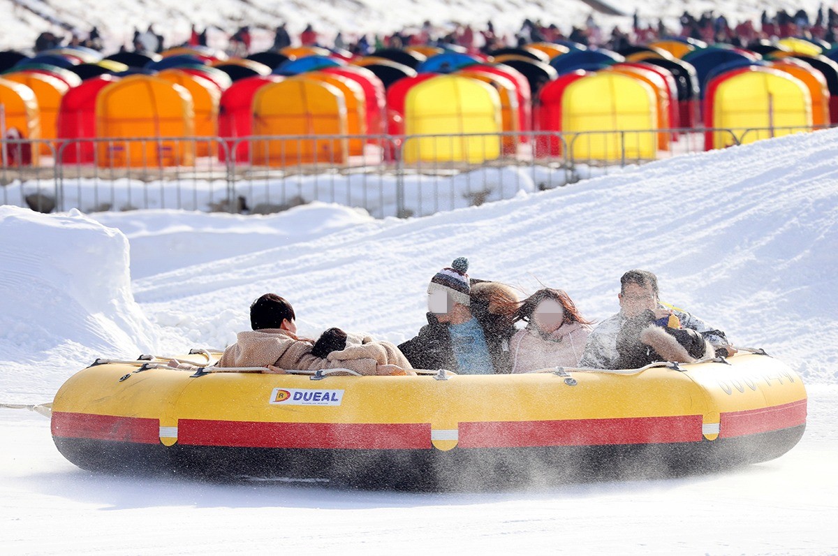 강원 평창군 진부면 오대천 일원에서 열린 제16회 평창송어축제에서 눈썰매를 타고 있는 방문객 모습. / 뉴스1