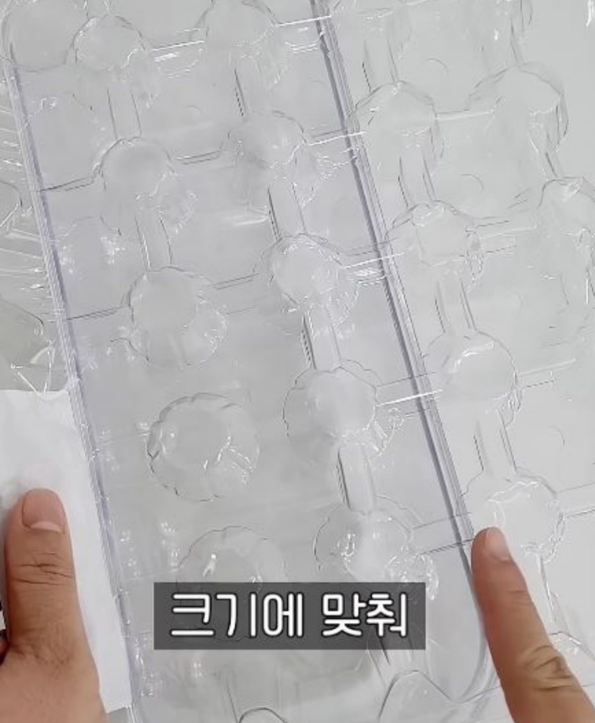 계란판 뚜껑을 보관할 통 크기에 맞춰 자르려는 모습. / 유튜브 '봉TV'