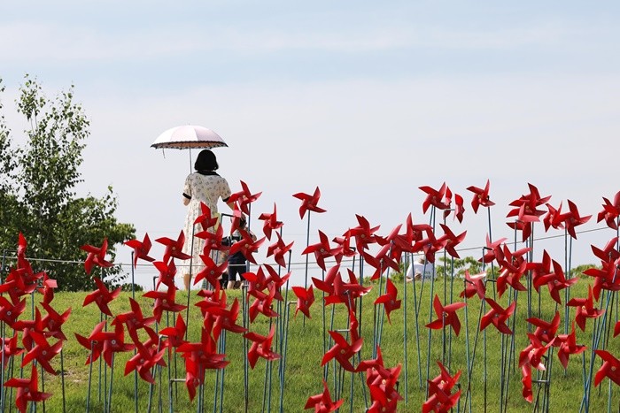 경기 파주시 임진각 평화누리공원을 찾은 시민들이 양산을 쓰고 발걸음을 옮기고 있다. / 뉴스1