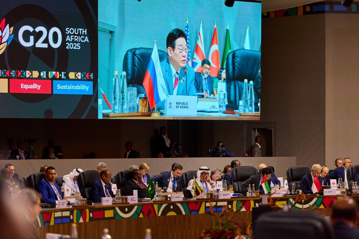 이재명 대통령이 지난 22일(현지시간) 남아프리카공화국 요하네스버그 엑스포 센터에서 열린 G20 정상회의 제1세션에서 발언하고 있다. / 이재명 대통령 SNS, 뉴스1