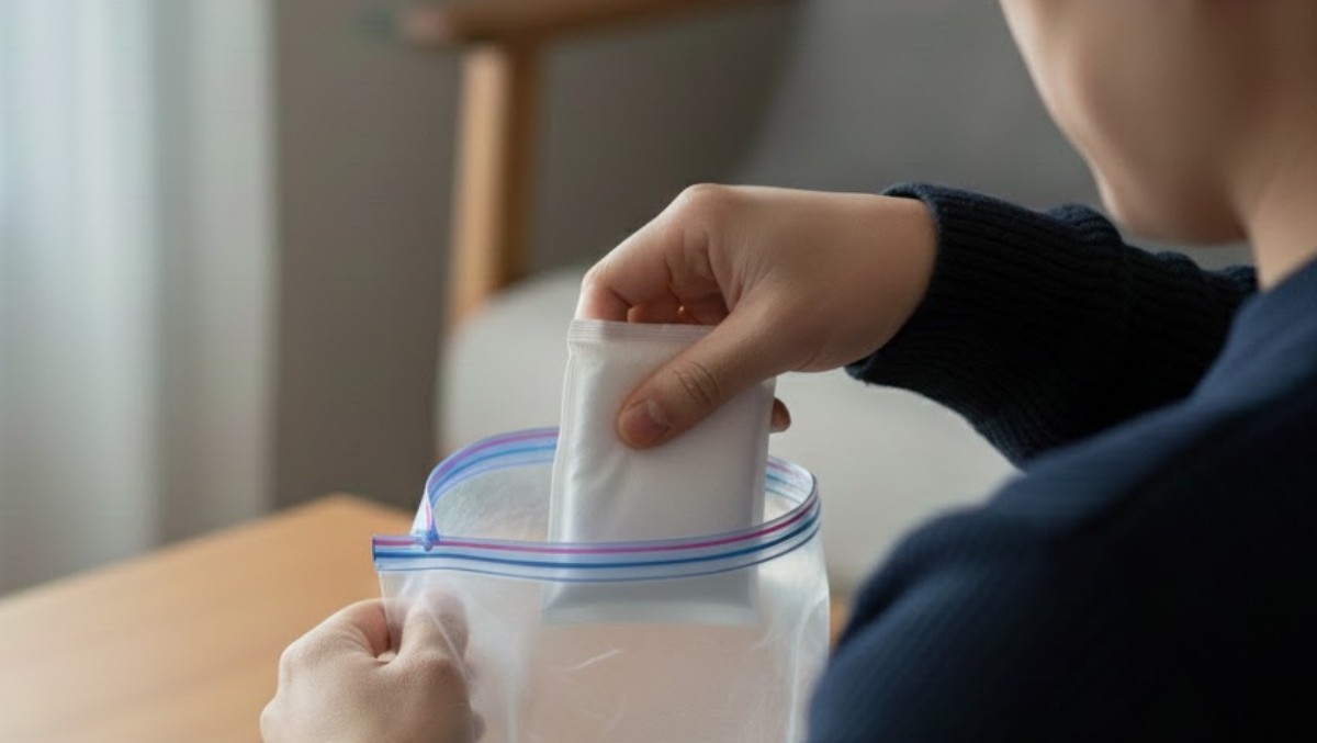 다 쓴 핫팩을 지퍼백을 넣는 모습. 기사 내용을 바탕으로 AI가 생성한 자료사진.