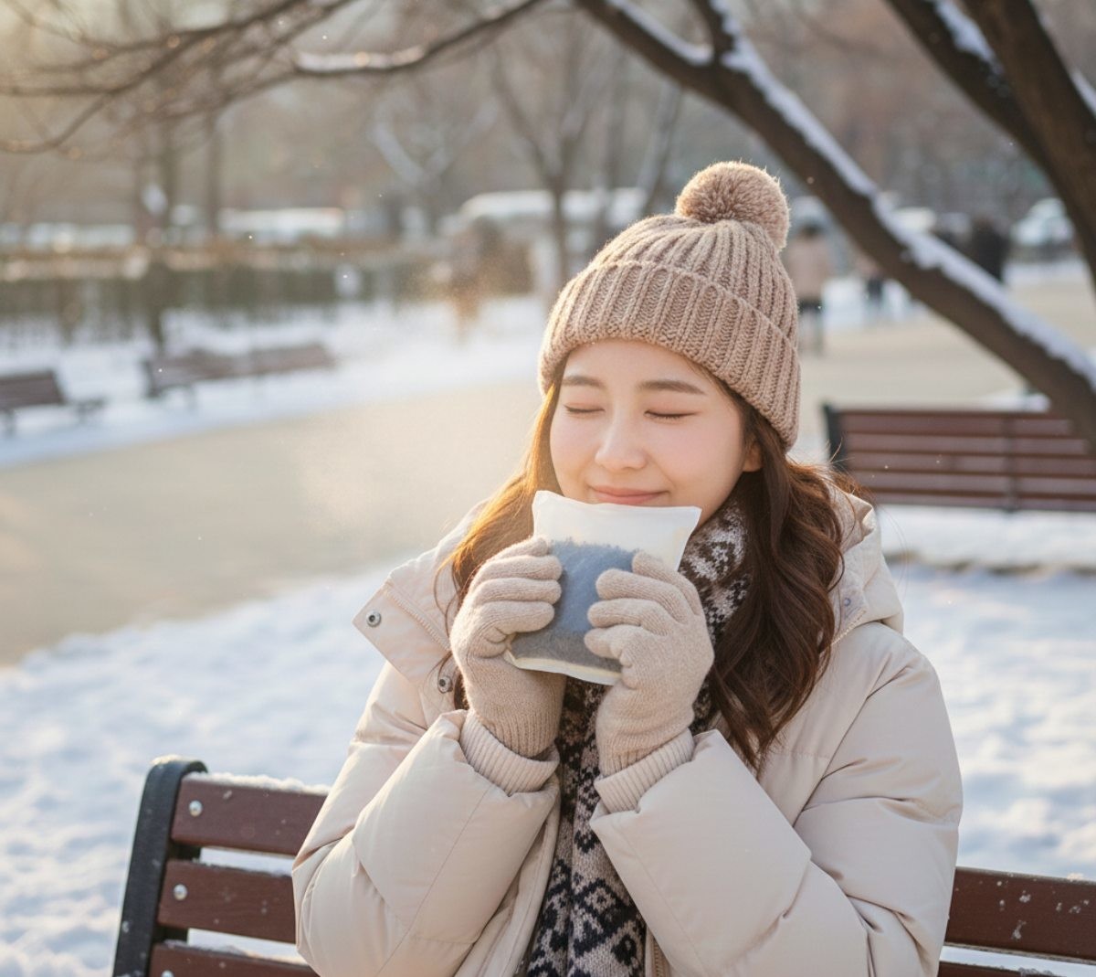 핫팩을 사용하는 사람. AI가 생성한 자료사진.