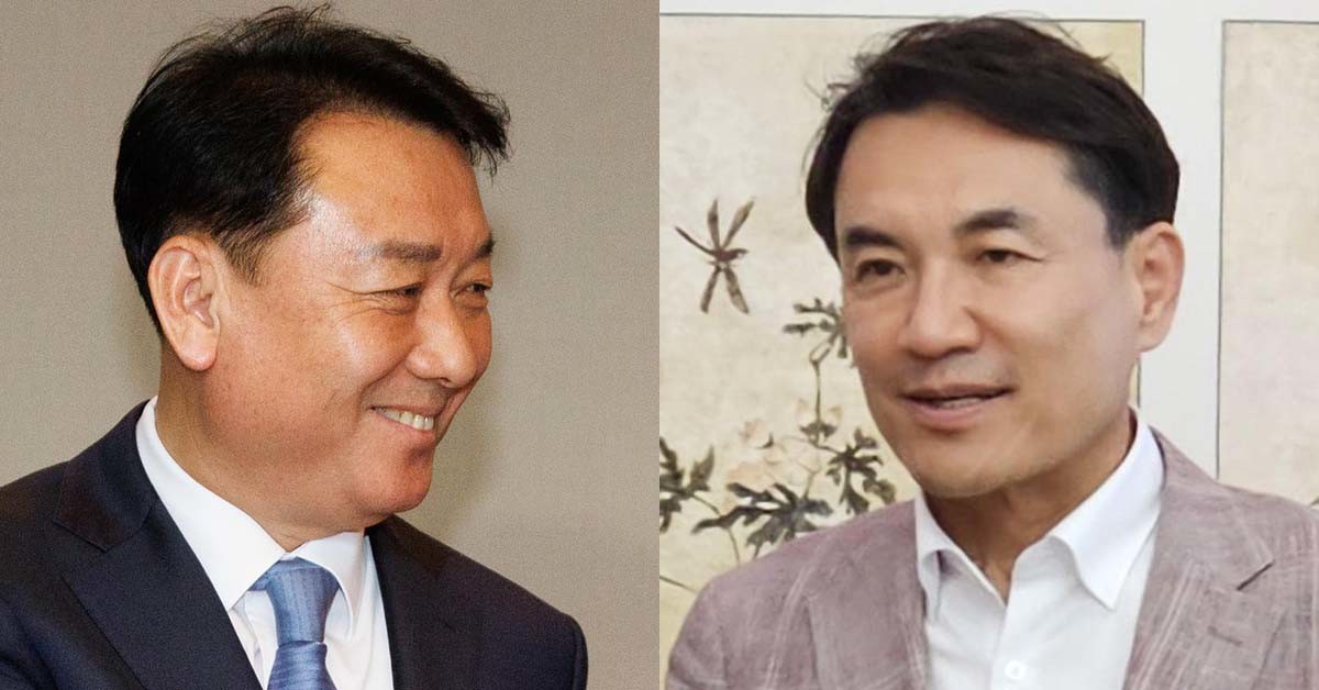 이광재(왼쪽) 전 강원지사와 김진태 강원지사. / 뉴스1