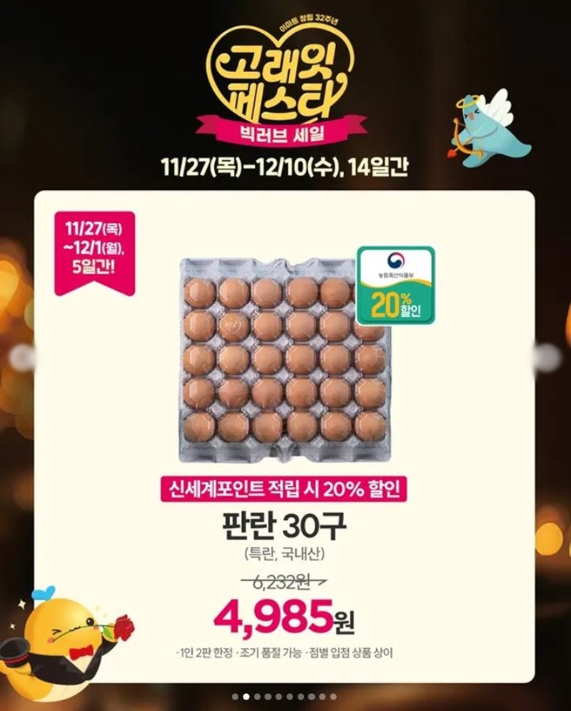 이마트의 계란(국내산 특란) 특가 행사 안내 이미지. 이마트의 이번 '고래잇 페스타'에서 가장 관심을 끄는 상품 중 하나는 바로 계란이다. 이마트는 11월 27일부터 12월 1일 월요일까지 5일간만 국내산 특란 30구 1판을 4985원 특가에 판매한다. 기존 6232원인 국내산 특란 30구 1판을 신세계포인트 적립 시 20% 할인해 4985원에 판매한다. / 이마트 제공