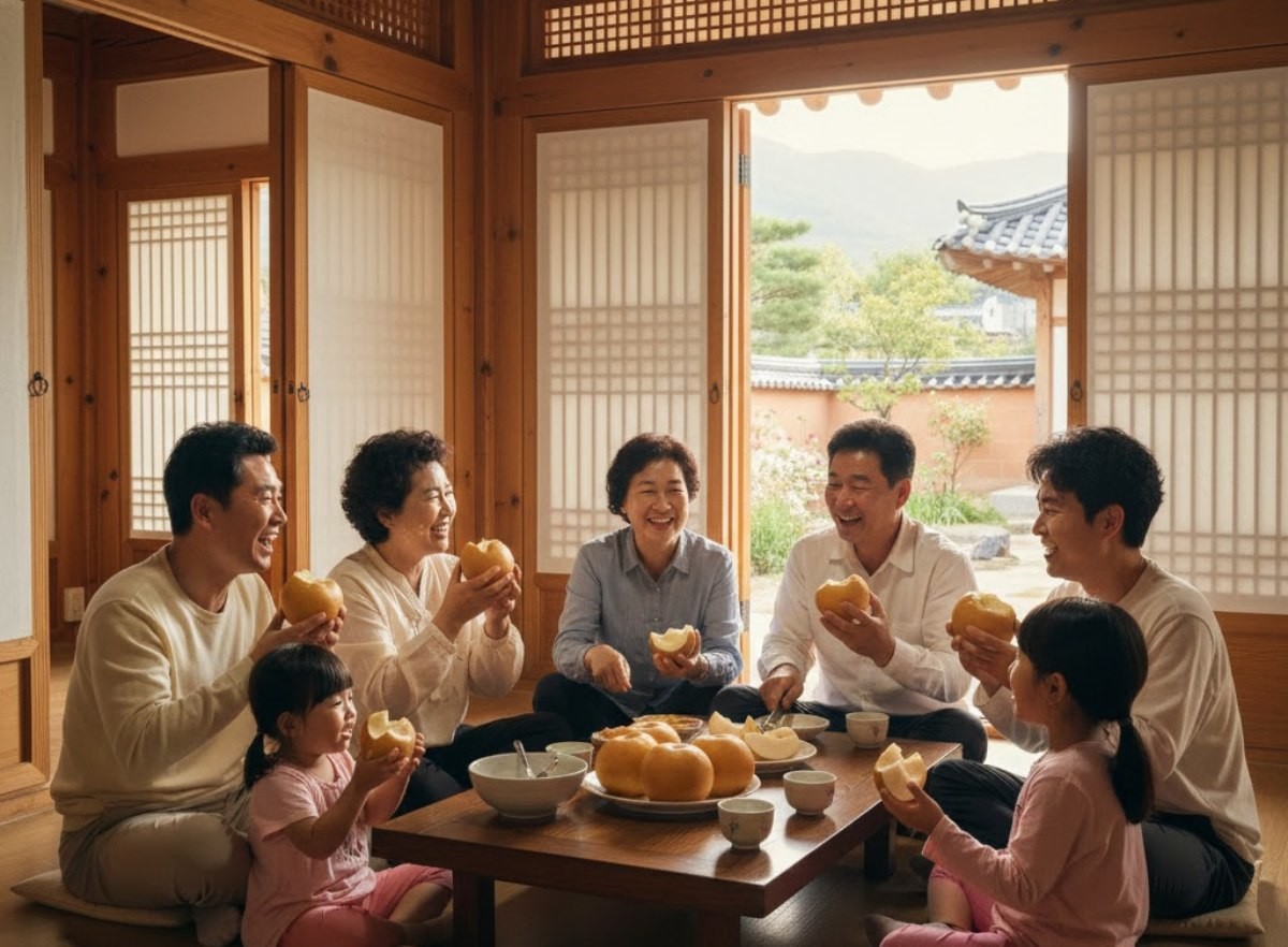 배를 나눠먹는 가족들. AI가 생성한 자료사진.