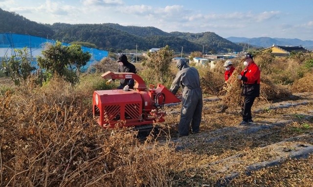 영농부산불 소각으로 인한 산불 발생을 차단하기 위해 파쇄기를 활용한 현장 파쇄 지원하고 있다.