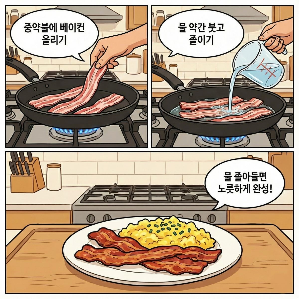 AI로 생성한 베이컨 조리 만화 이미지.