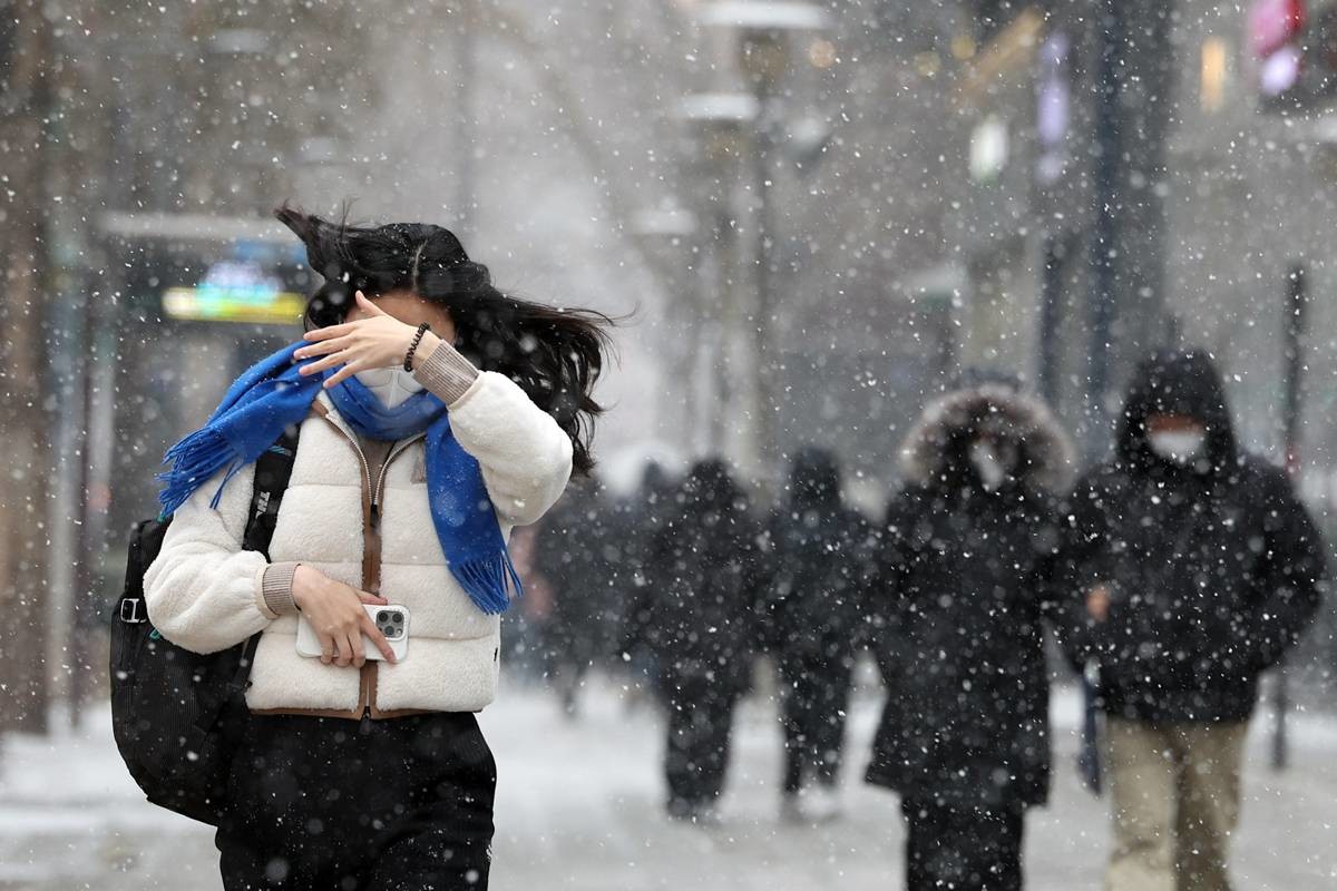 폭설에 앞을 보기 힘들다 / 뉴스1