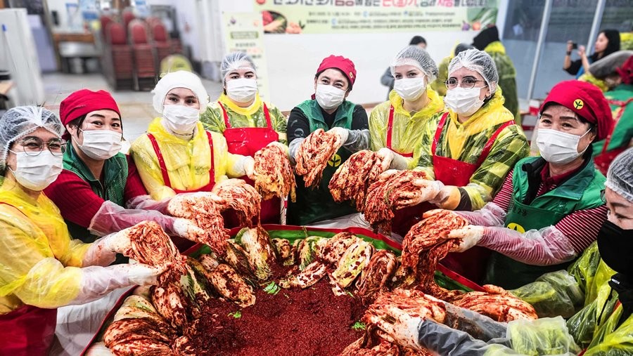 재학생, 교직원, 외국인 유학생으로 구성된 영진전문대 봉사단이 지난 1일 김장김치를 담구고 있다. / 영진전문대 제공