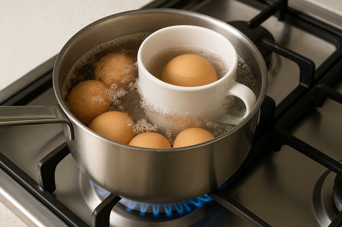 머그컵에 계란을 넣고 삶는 모습. 기사 이해를 돕기 위해 AI를 활용해 제작한 자료 사진입니다.
