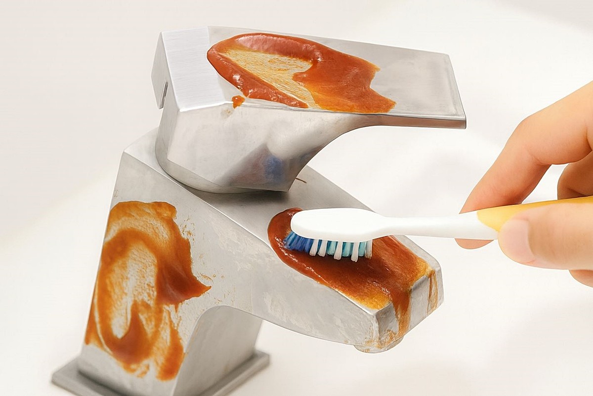 수도꼭지 청소를 위해 케첩을 바르는 모습. 기사 이해를 돕기 위해 AI를 활용해 제작한 자료 이미지입니다.