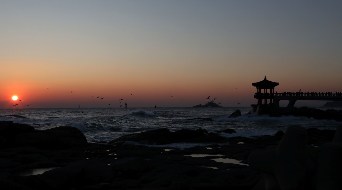 영금정을 찾은 관광객들이 장엄하게 떠오르는 태양을 바라보고 있다. / 뉴스1