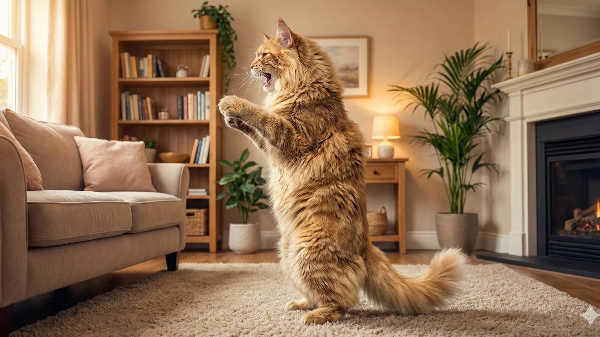 푸조 엠블럼 모양으로 서 있는 고양이. 생성형 AI로 제작한 이미지.