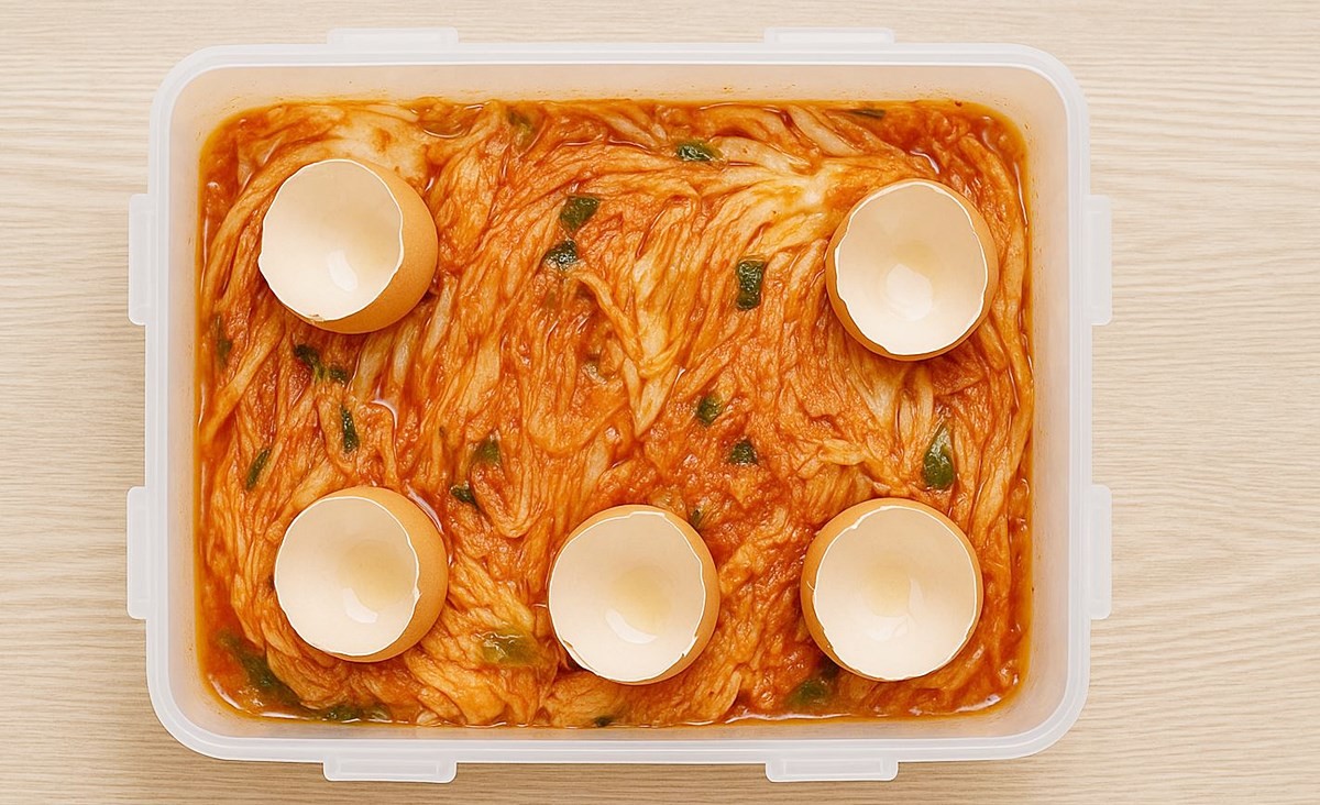 김치통에 계란껍질을 올려놓은 모습. 기사 이해를 돕기 위해 AI를 활용해 제작한 자료 이미지입니다.