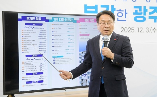 강기정 광주광역시장이 3일 오후 시청 비즈니스룸에서 2026년 국비예산 관련 기자회견을 하고 있다. /광주광역시 제공