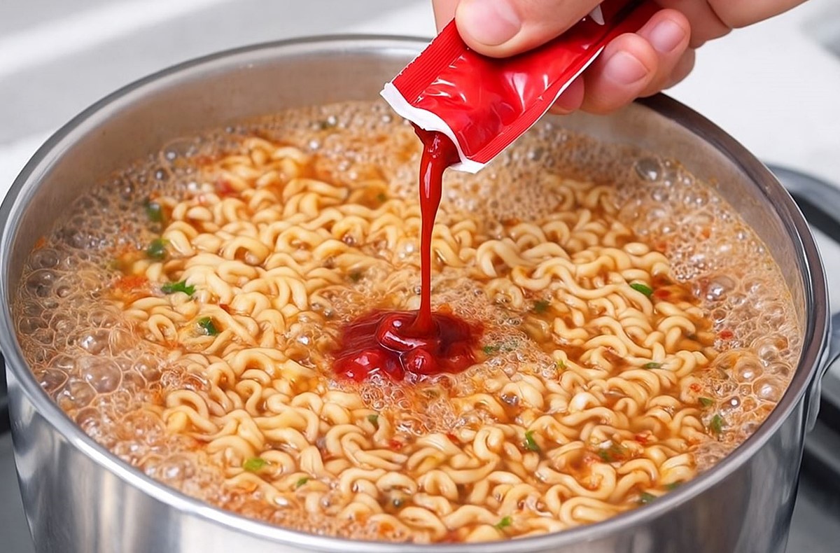 라면에 케첩을 넣는 모습. 기사 이해를 돕기 위해 AI를 활용해 제작한 자료 이미지입니다.