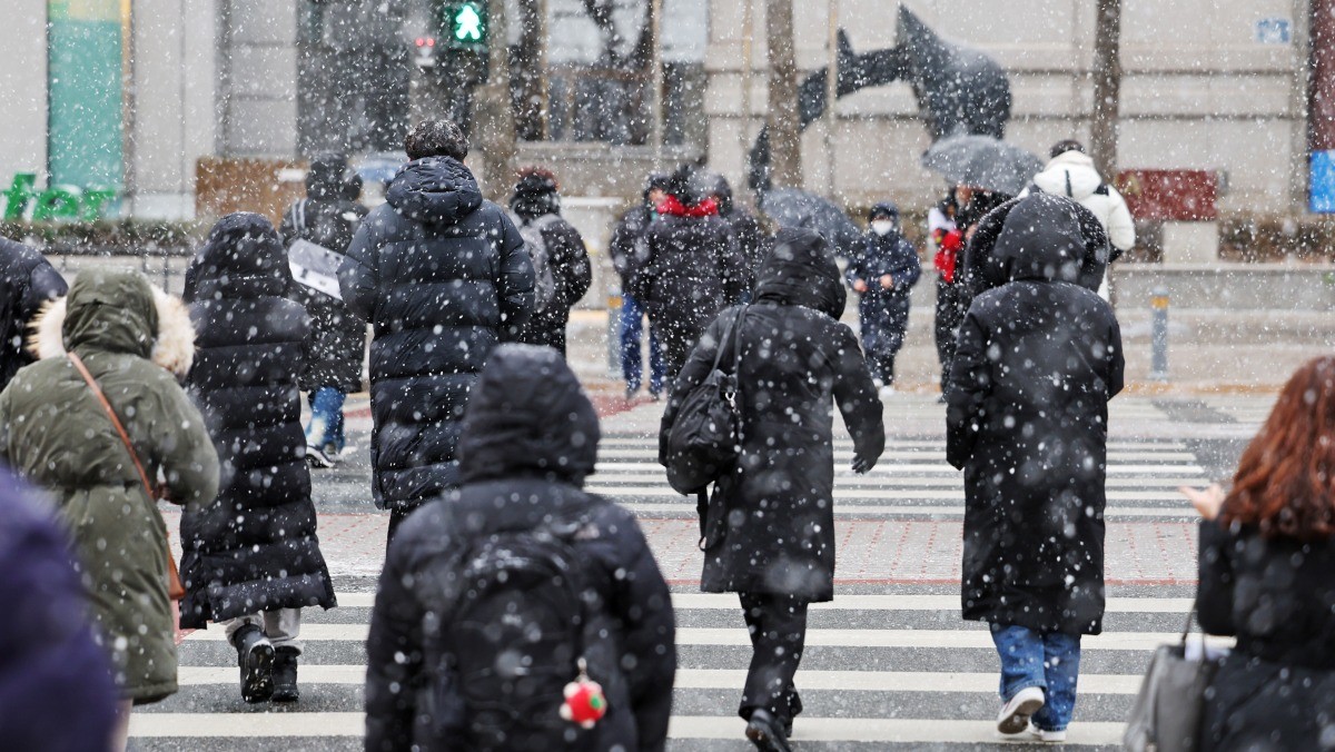 시민들이 눈을 맞으며 길을 걷고 있다. / 뉴스1
