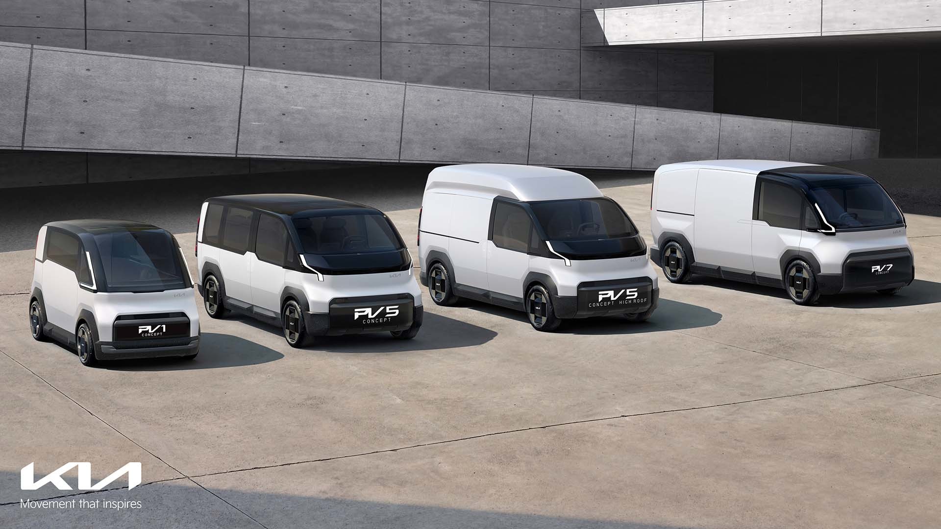 기아 PBV 콘셉트 라인업. 왼쪽부터 PV1 콘셉트, PV5 콘셉트, PV5 하이루프 콘셉트, PV7 콘셉트 / 기아