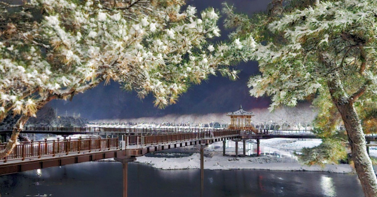 지난 4일 저녁 괴산읍 동진천 일대에 첫눈이 내려 에코브릿지가 설경 속 모습을 드러냈다 / 괴산군 제공