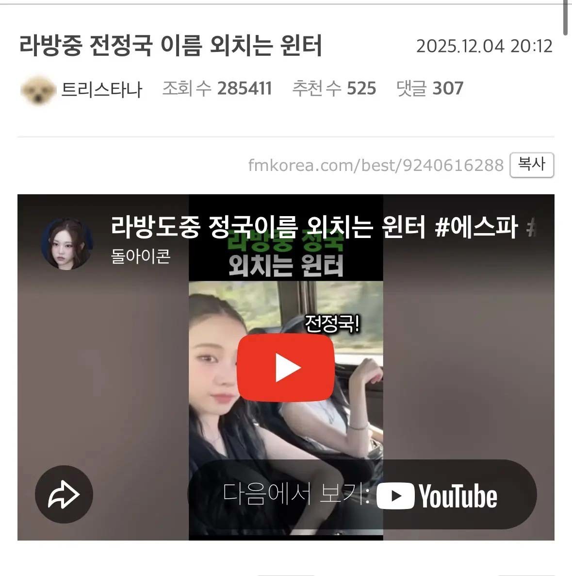 BTS(방탄소년단) 멤버 정국과 에스파 멤버 윈터의 열애설을 뒷받침하는 증거라며 인터넷에서 퍼지고 있는 게시물.