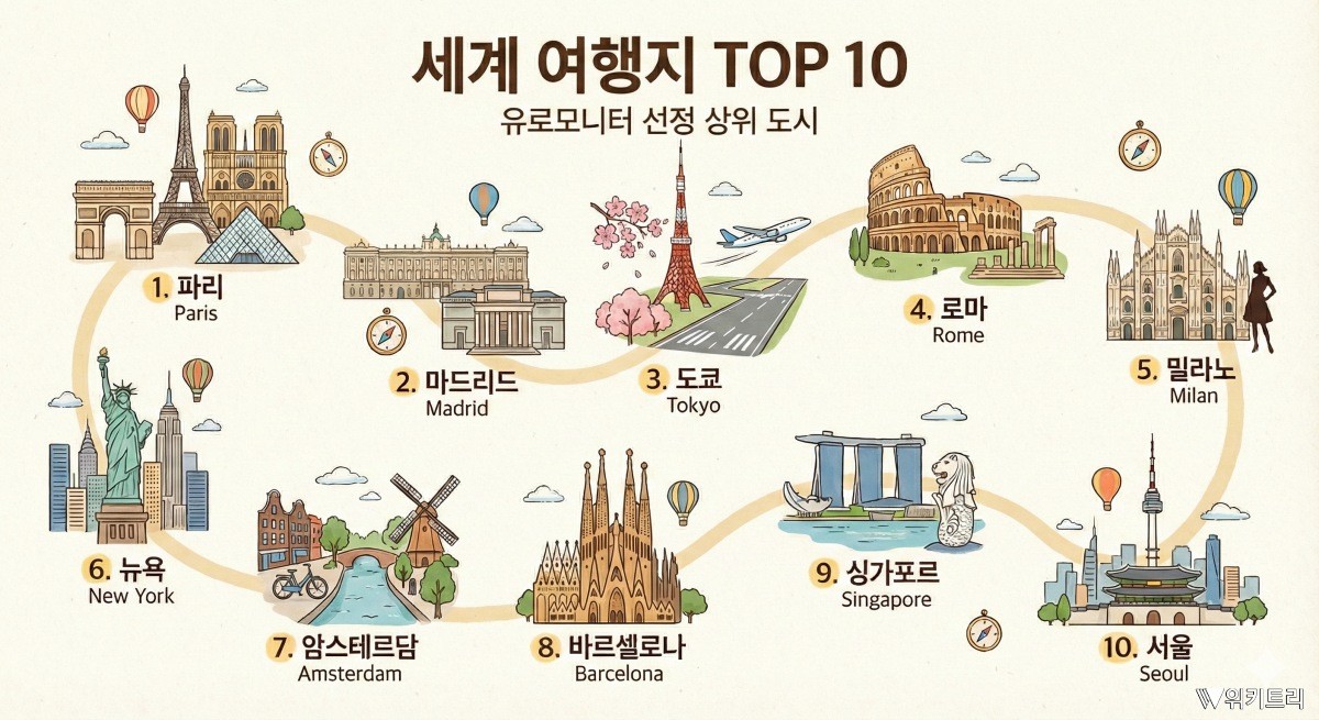 AI툴로 제작한 기사 관련 자료. 서울이 유로모니터 인터내셔널이 관광 매력도를 종합 평가해 발표한 '세계 100대 도시' 순위에서 10위를 차지했다.