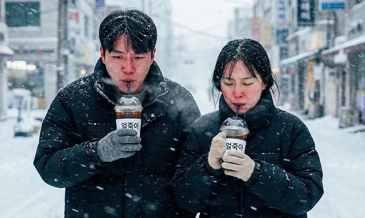 추운 날씨에 아이스아메리카노를 마시는 모습. 기사 이해를 돕기 위해 AI를 활용해 제작한 자료 사진.