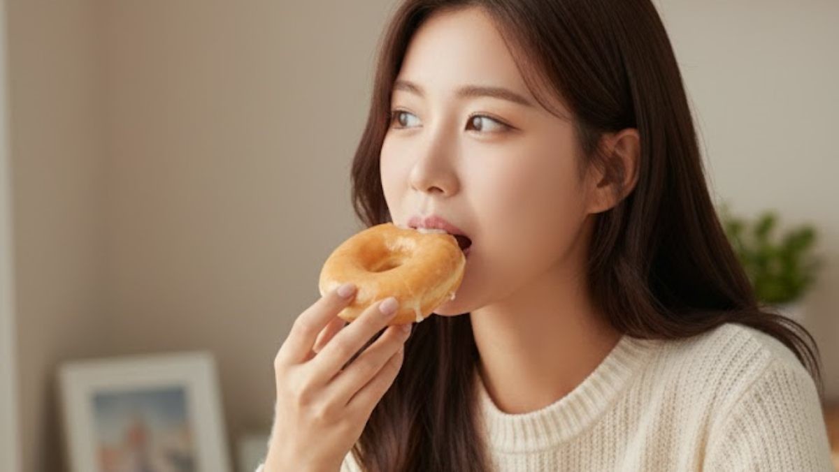 크리스피크림 '오리지널 글레이즈드'를 먹는 모습. AI가 생성한 자료사진. (실제와 차이가 있을 수 있습니다.)