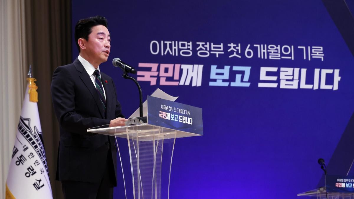 7일 용산 대통령실에서 열린 이재명 대통령 정부 6개월 성과 간담회에서 강훈식 비서실장이 발언하고 있다. / 연합뉴스