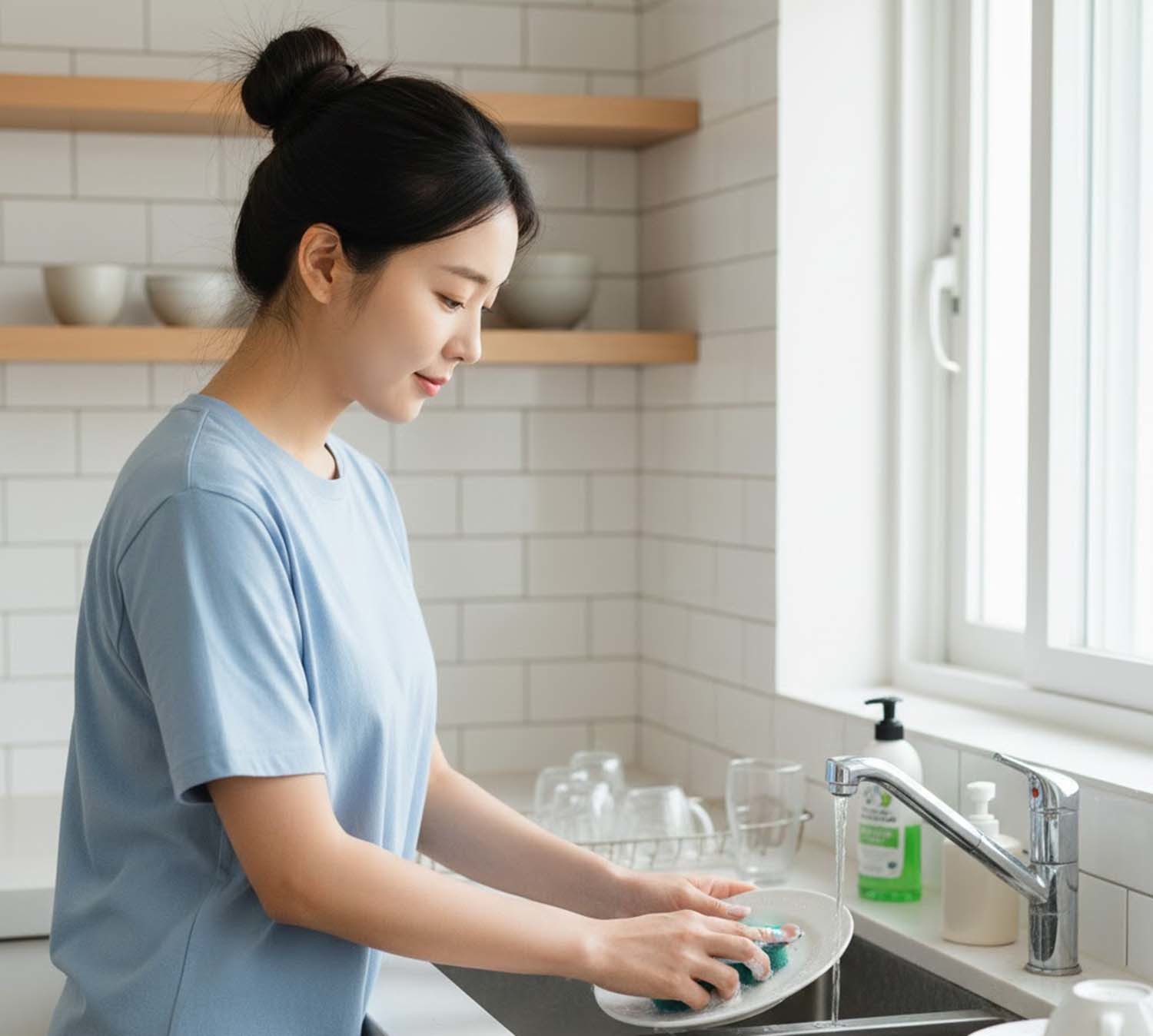 설거지할 땐 그릇을 헹굴 때마다 온수와 냉수를 번갈아 사용하면 가스를 많이 쓰게 된다. 기름기가 있는 초벌 설거지에만 온수를 쓰고 헹굴 때는 냉수로 바꾸는 것이 좋다. 글에 대한 이해를 돕기 위해 AI 툴로 제작한 사진이다.