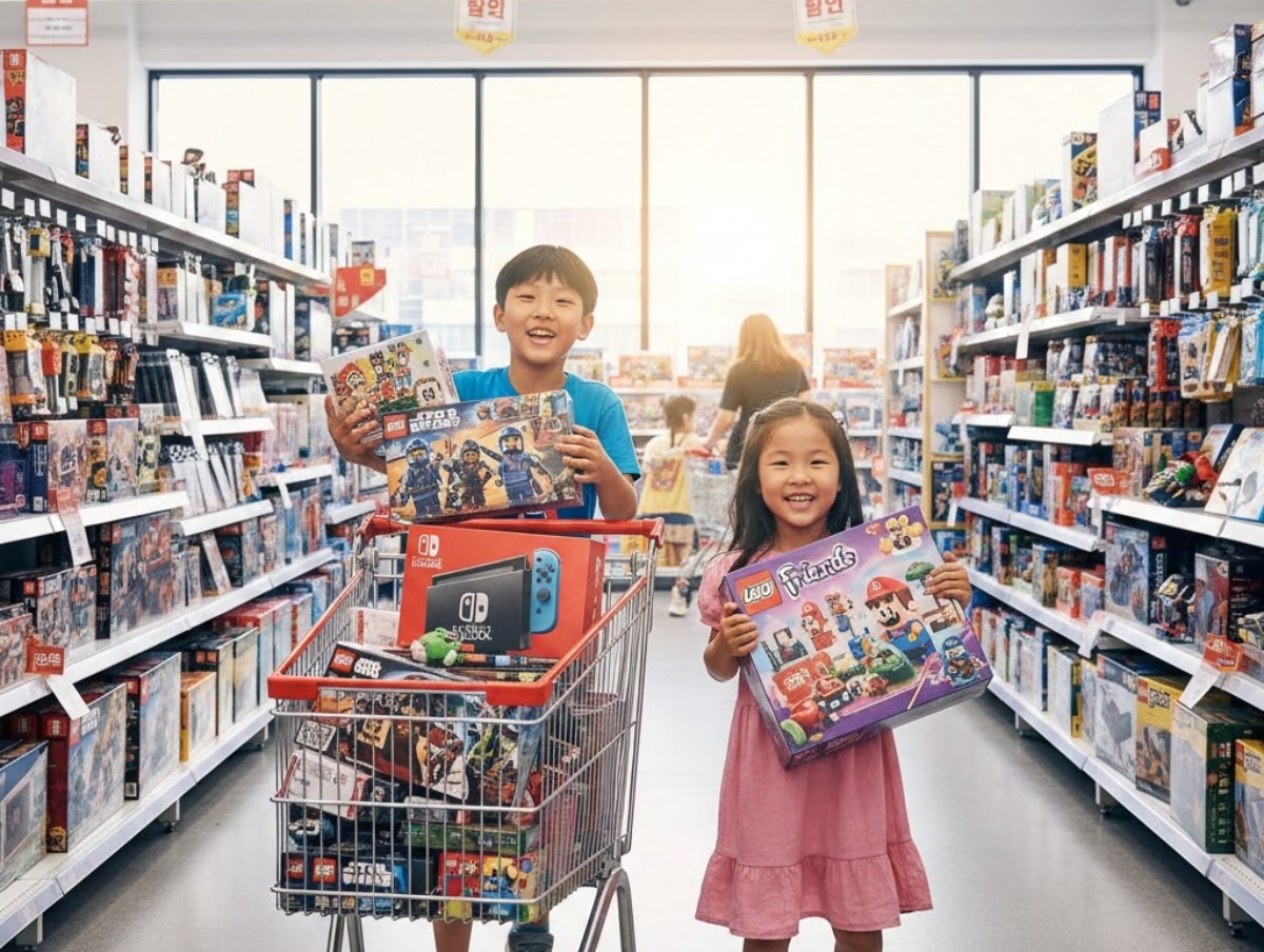 완구 쇼핑하는 아이들. 신나는 표정이다. AI가 생성한 자료사진.