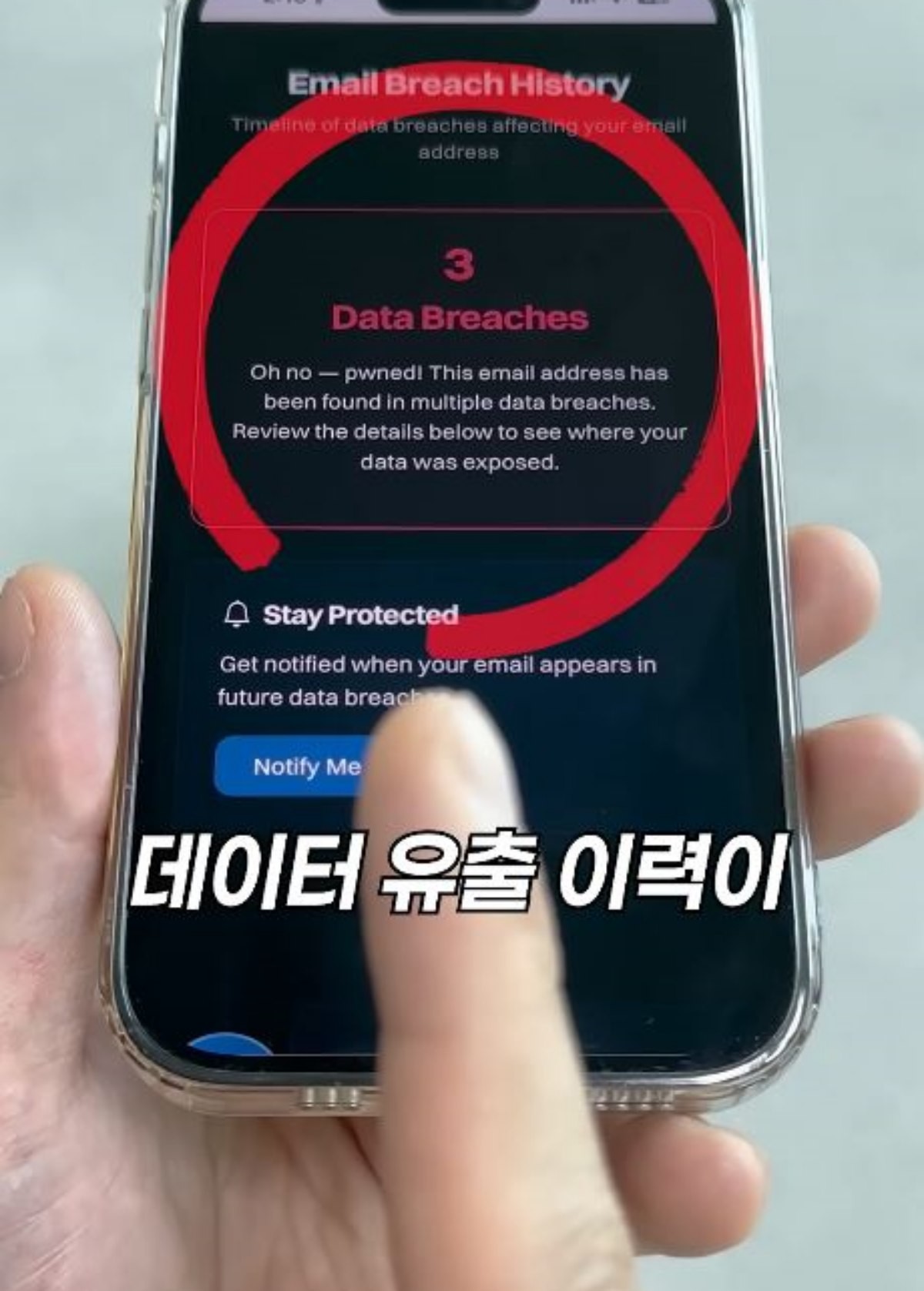 'haveibeenpwned.com' 사이트 속에서 데이터 유출 이력을 확인하는 모습 / 유튜브 '일단체크'