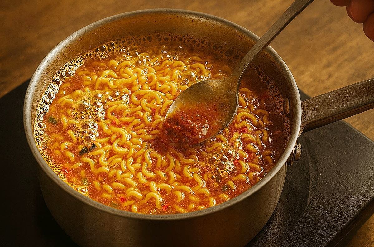 라면에 쌈장을 풀어 넣는 모습. 기사 이해를 돕기 위해 AI를 활용해 제작한 자료 사진입니다.