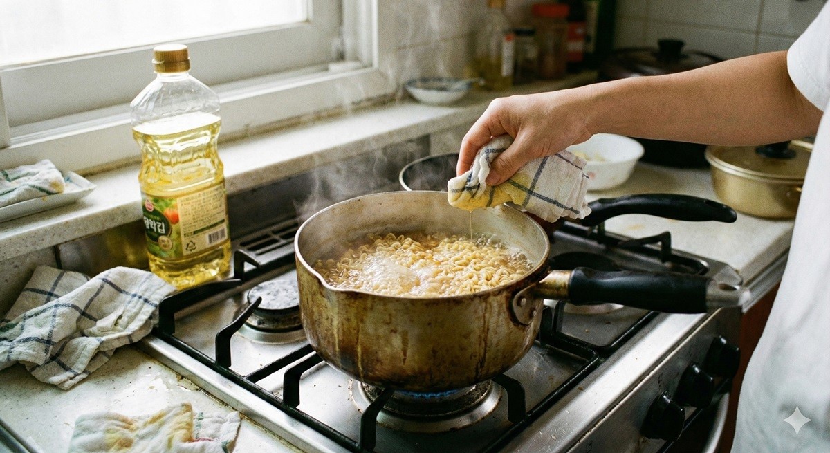 라면을 끓일 때 키친타올이나 행주에 묻힌 식용유를 냄비 가장자리에 살짝 바르면 국물 넘침을 방지할 수 있다. / 위키트리