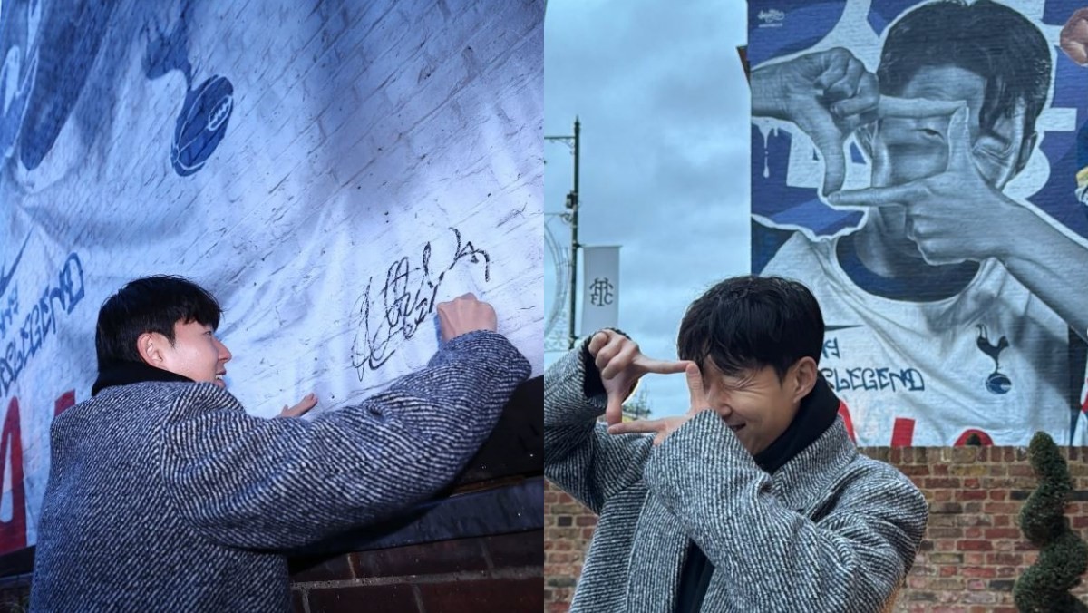 벽화에는 손흥민의 시그니처인 '찰칵 세리머니'와 함께 UEFA 유로파리그 우승 당시 태극기를 허리에 두르고 트로피를 들어올린 장면이 담겼다. / 토트넘 홋스퍼 인스타그램