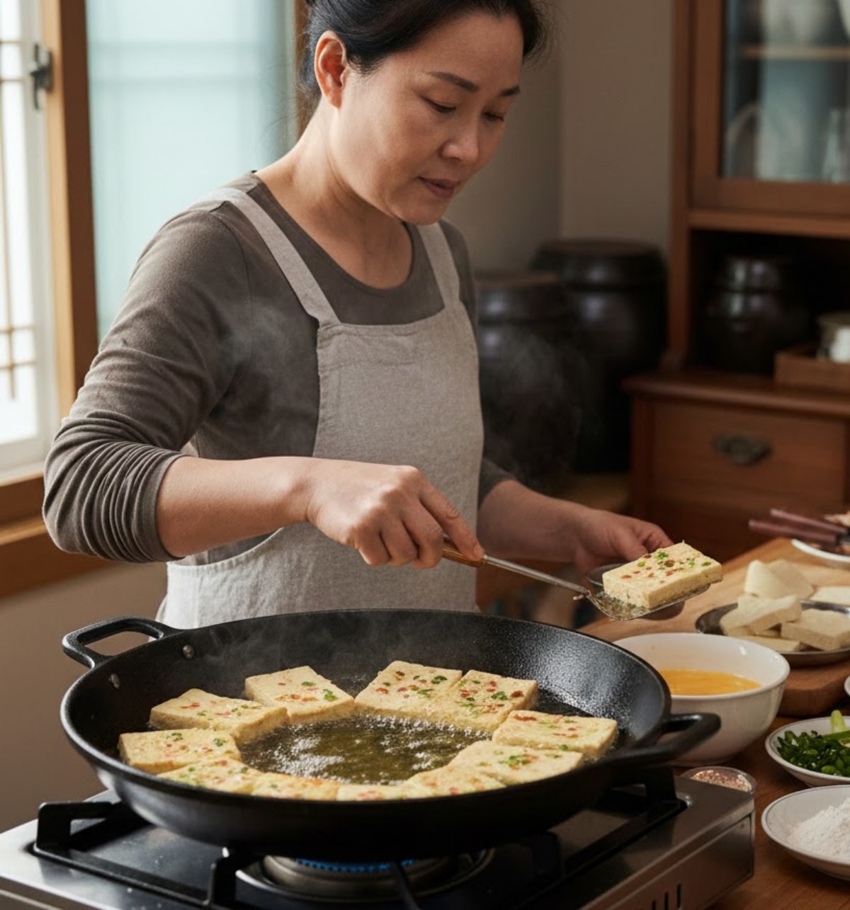 두부전을 부치고 있는 사람. AI가 생성한 자료사진.