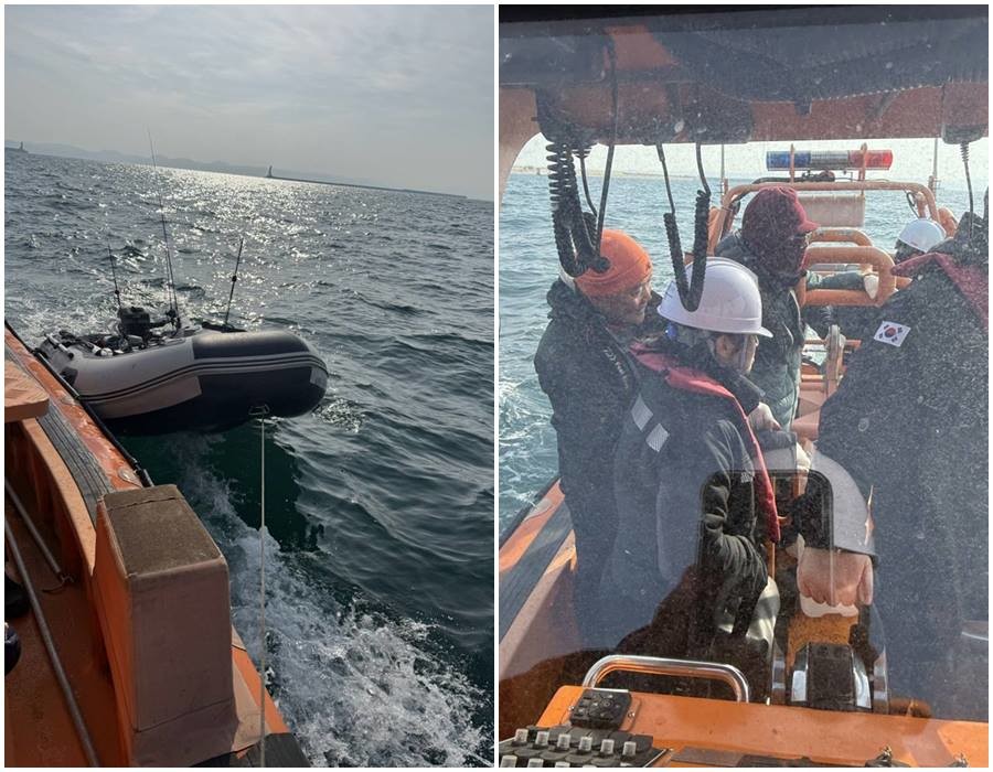 포항시 다목적행정선 ‘연오세오호’의 표류중인 레저용 고무보트 구조 모습/포항시