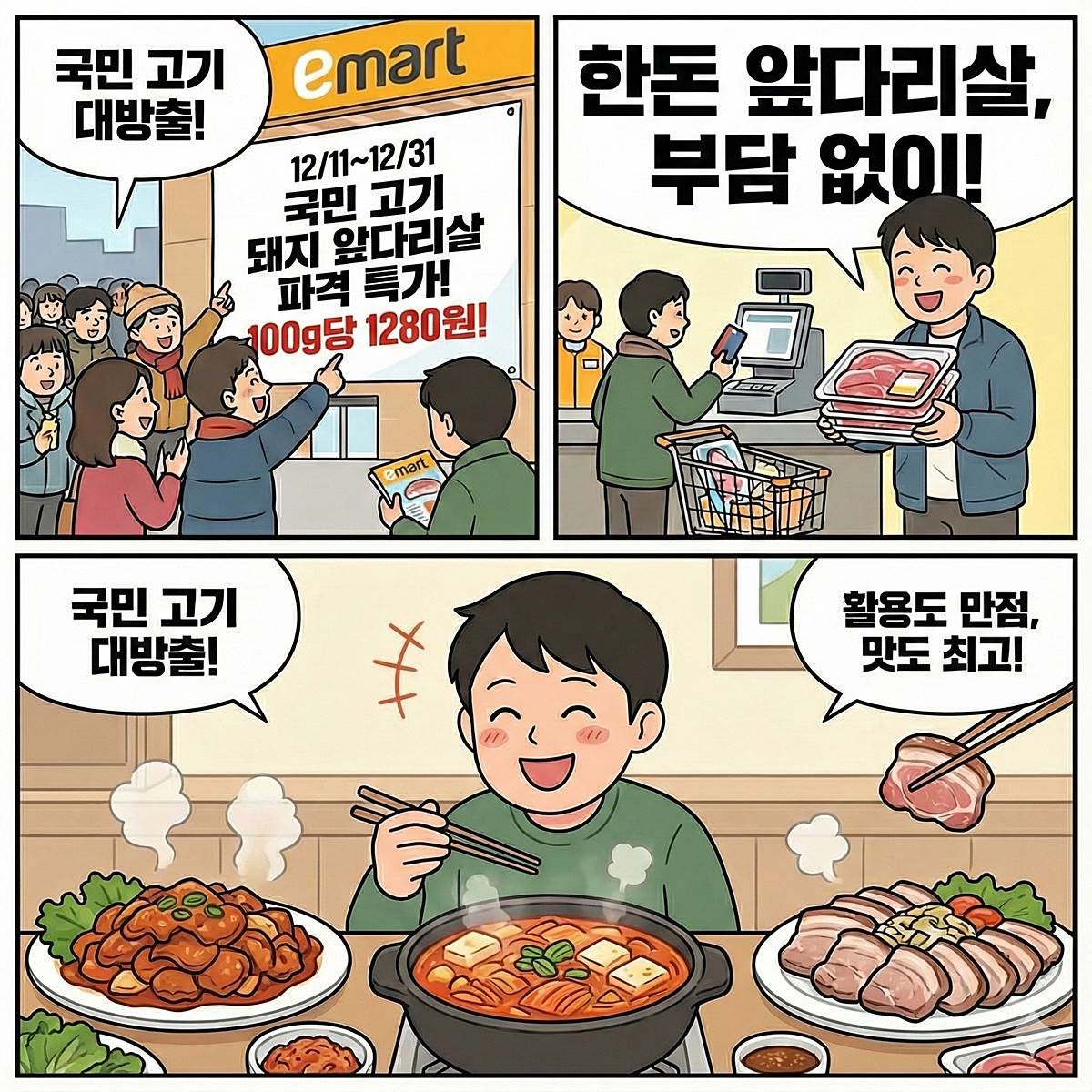 [만화] 이마트 돼지 앞다리살 특가 행사 내용을 바탕으로 제작한 세컷 만화 / 위키트리