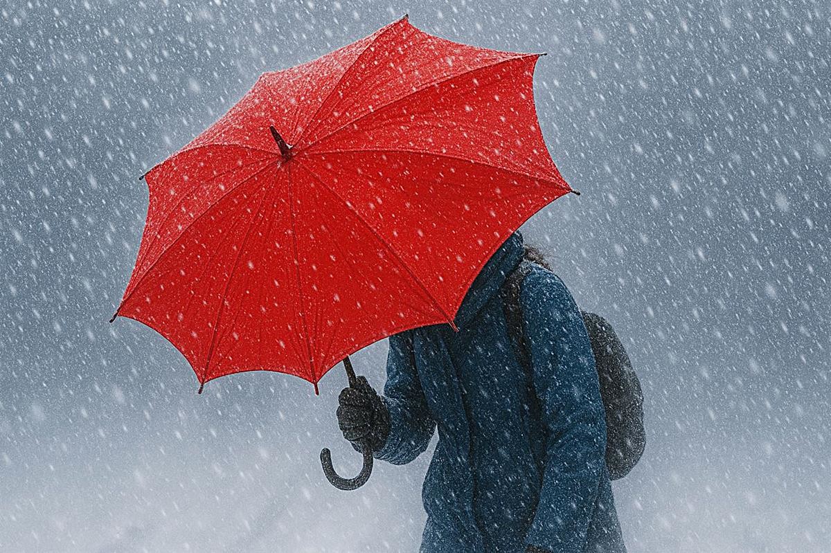 눈 오는 날 우산을 쓴 모습. 기사 이해를 돕기 위해 AI를 활용해 제작한 자료 사진입니다.