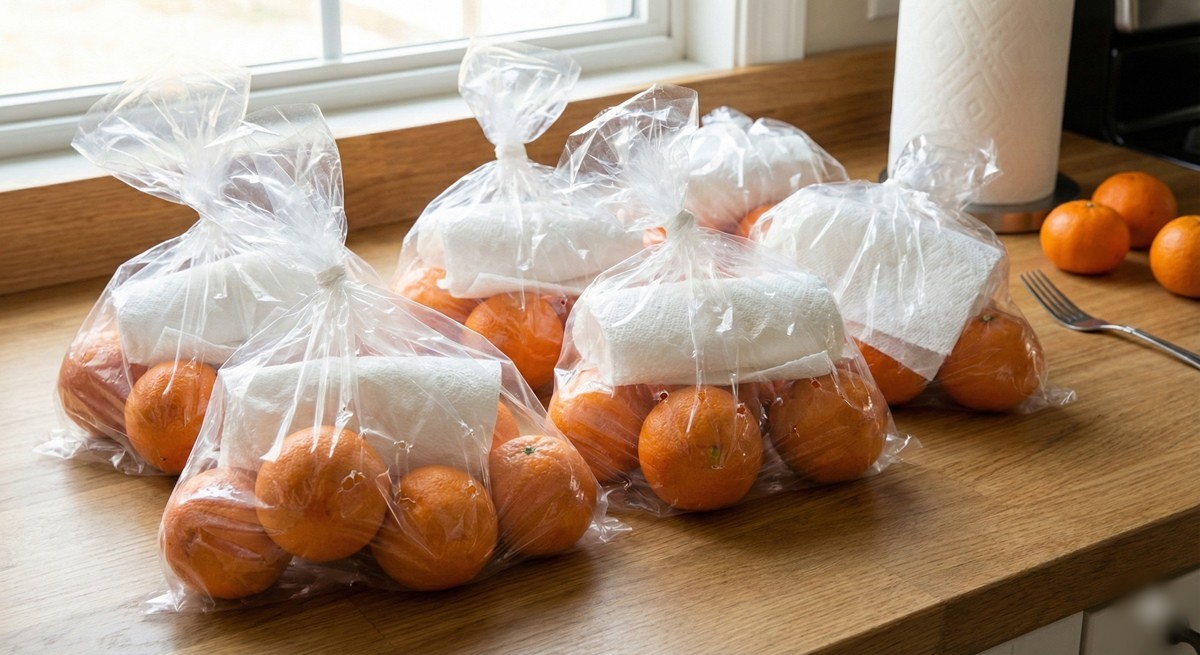 귤을 담은 봉지에 키친타올을 넣고 구멍을 뚫어 냉장보관하면 신선하게 보관할 수 있다.