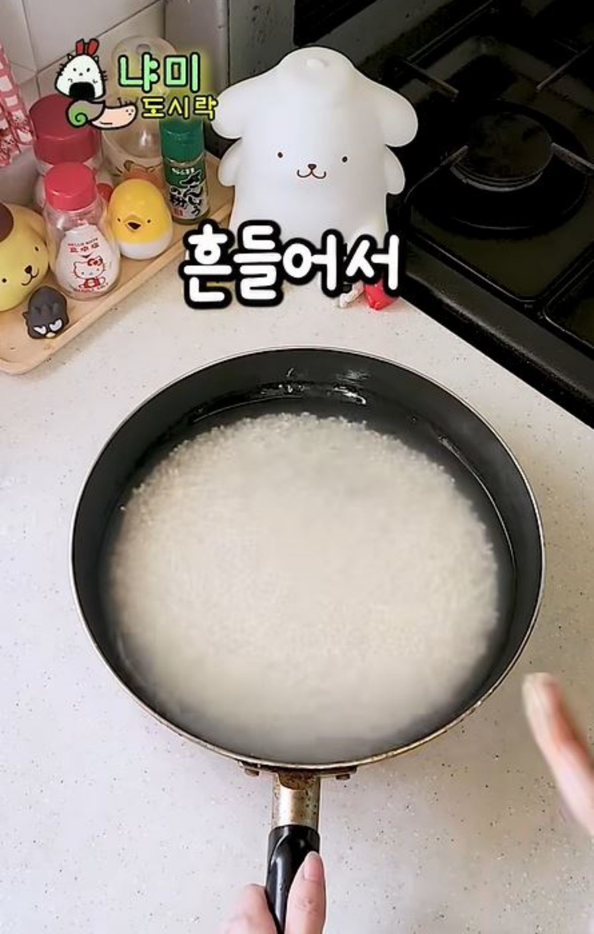 후라이팬에 쌀과 물을 1:1.5 비율로 넣은 모습. / 유튜브 '냐미 도시락 Nyami Lunchbox'