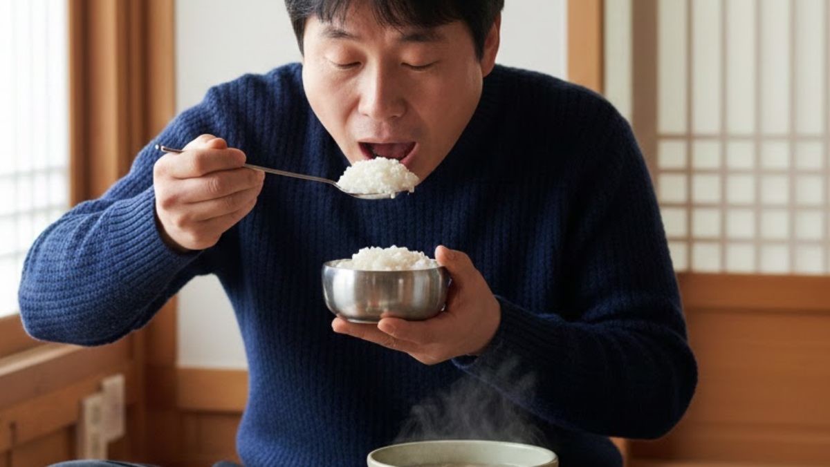 쌀밥 먹는 사람. AI가 생성한 자료사진.