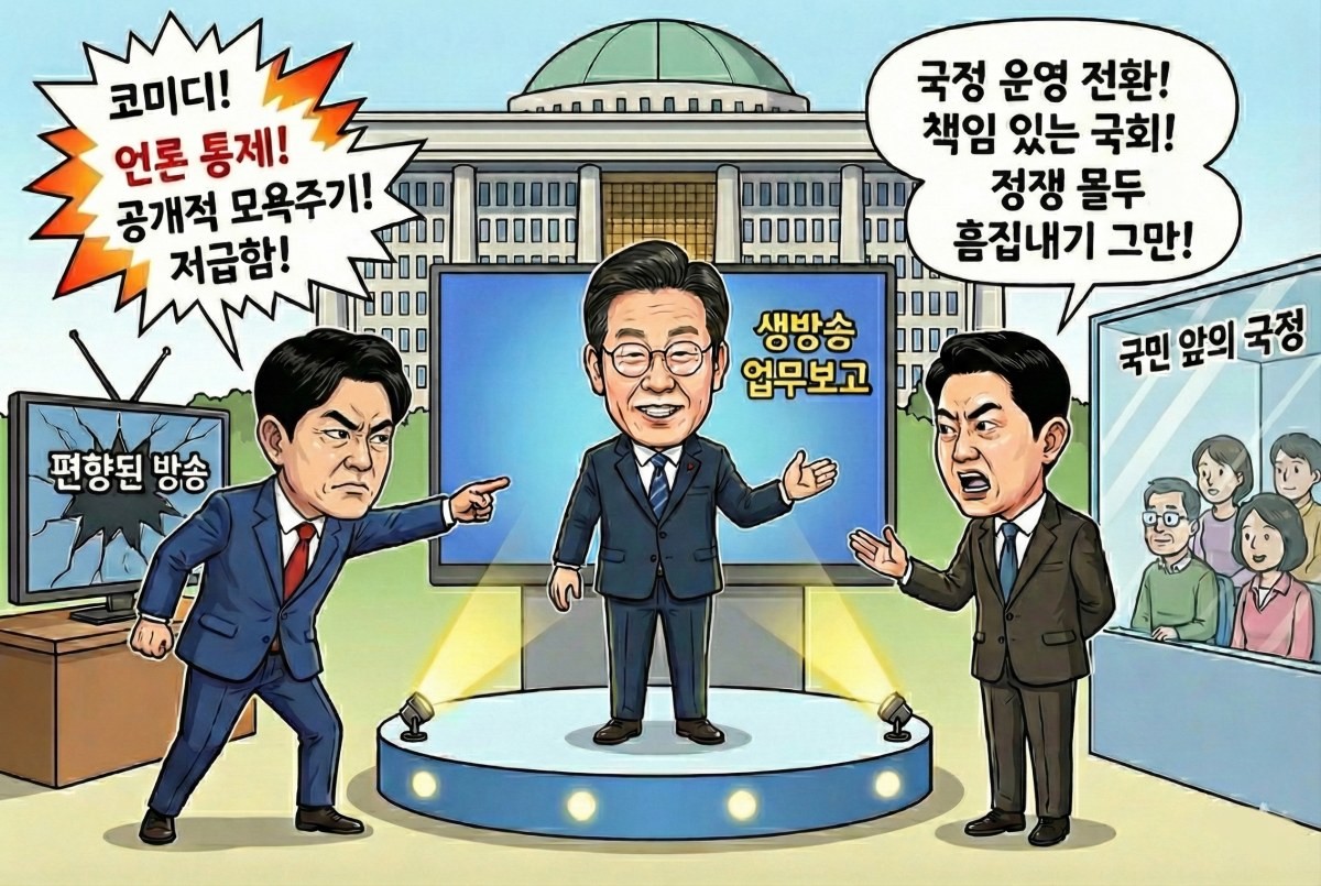 [만평] 부처별 업무보고에 대해 여야가 공방을 펼쳤다.