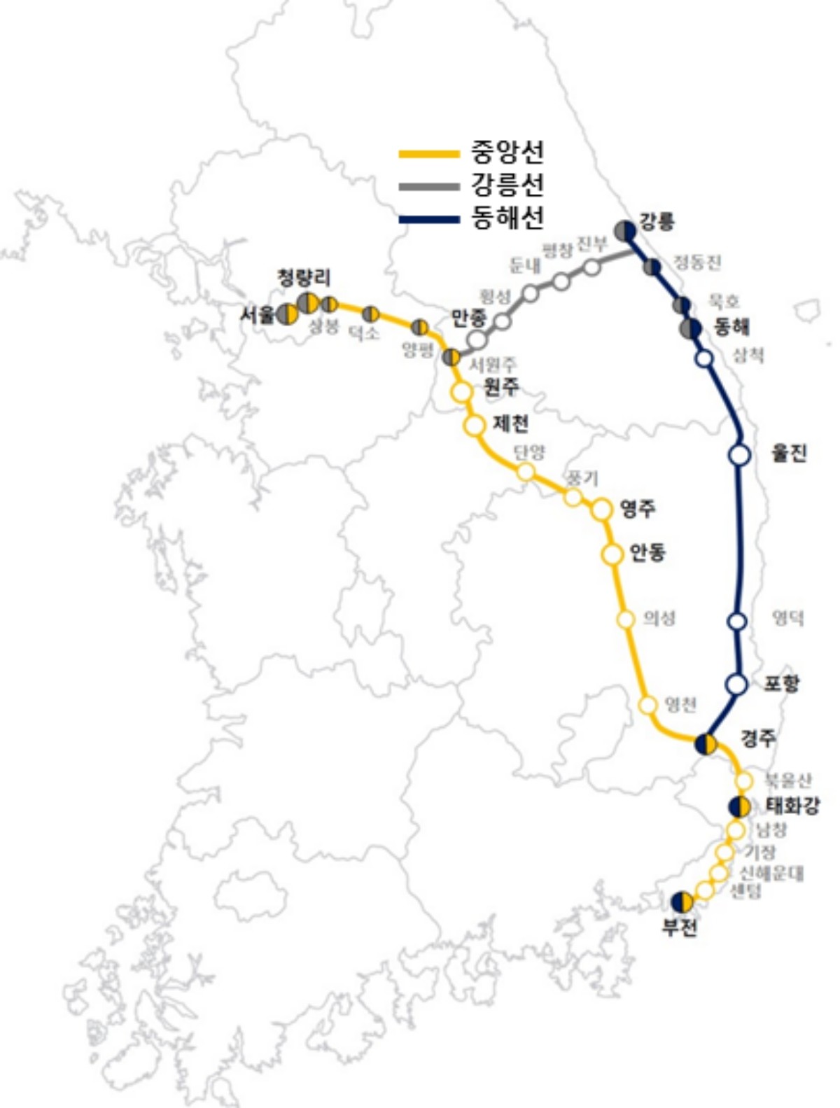 중앙선‧동해선‧ 강릉선 노선도 / 국토교통부 제공