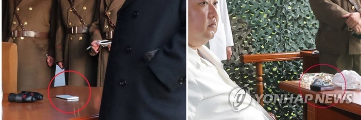 김정은 북한 국무위원장이 신형 고체연료 대륙간탄도미사일(ICBM) '화성-18형' 시험발사를 시찰한 현장에서 '폴더블 스마트폰'으로 추정되는 물체가 포착됐다(오른쪽 사진). 왼쪽 사진은 김 위원장이 지난 3월 9일 서부전선의 중요작전임무를 담당하고있는 화성포병부대의 화력습격훈련을 현지지도한 현장에서 포착된 흰색 일체형 스마트폰. / 평양 조선중앙통신=연합뉴스
