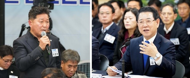 김영록 전라남도지사가 15일 무안 승달문화예술회관에서 열린 ‘무안군 정책비전 투어’행사에 참석해 정책현안에 대한 토론을 주재하고 참석자들의 정책제안 및 건의 등에 대한 질문에 답변을 하고 있다.